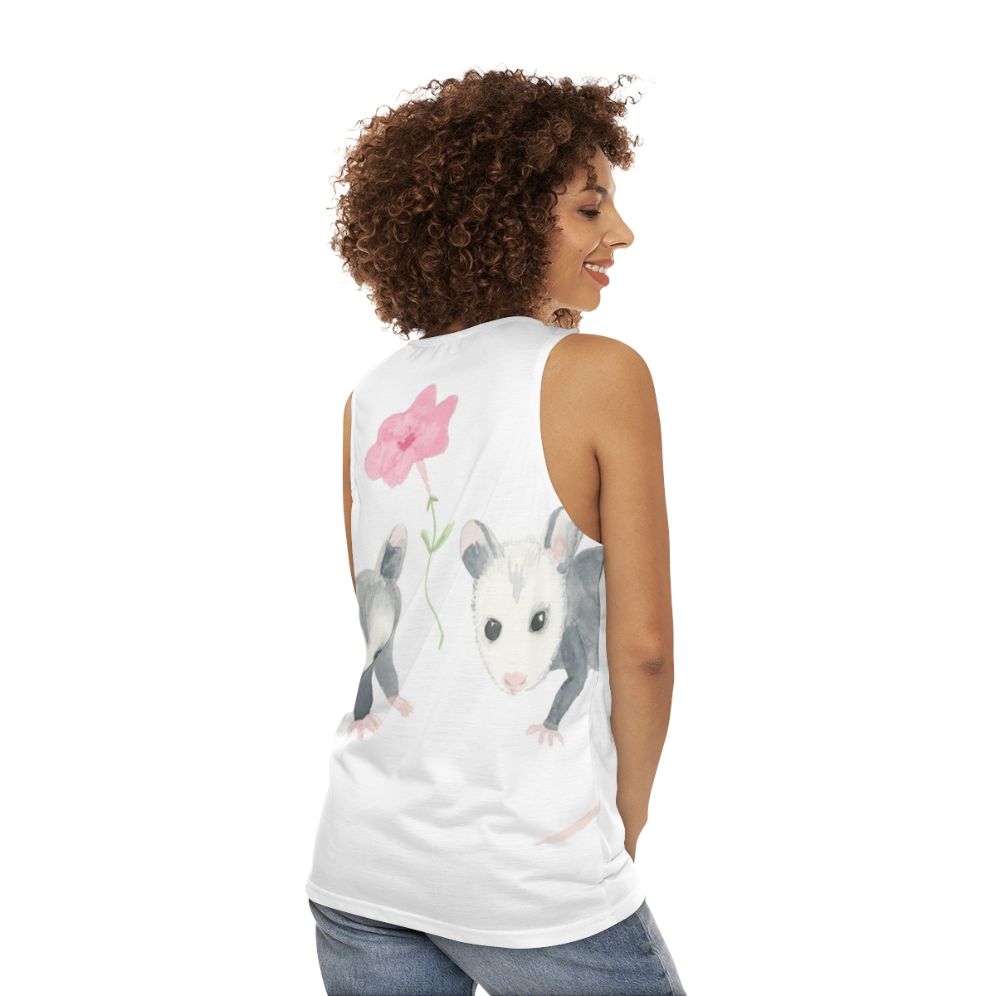 Baby opossum and pink petunia print on a unisex tank top - women back