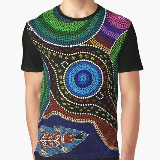 Platypus Playground Graphic T-Shirt featuring Australian Aboriginal Art with Platypus, Kangaroos, and Emus