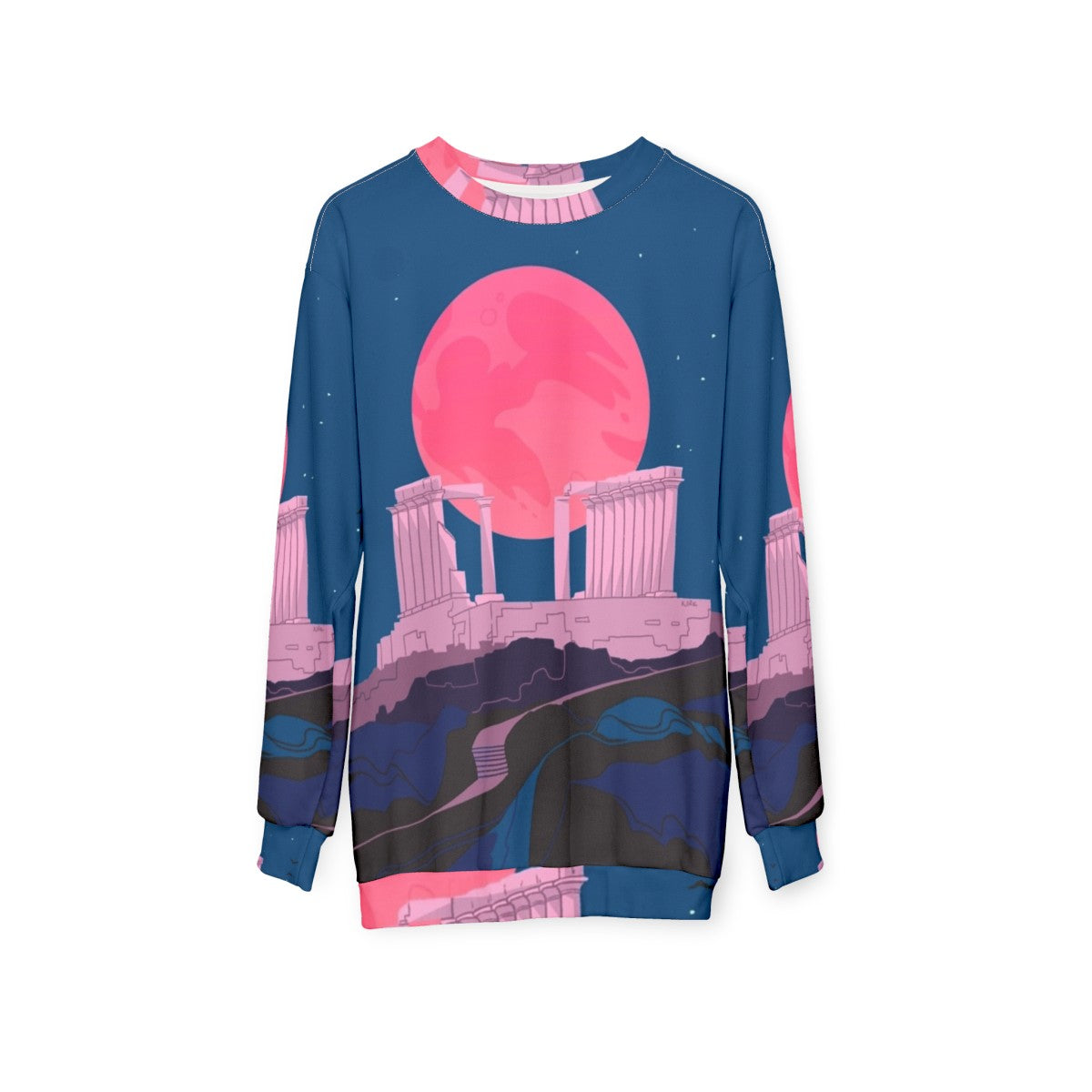 Vaporwave sweatshirt featuring the Temple of Poseidon at Sounion, Greece - hanging