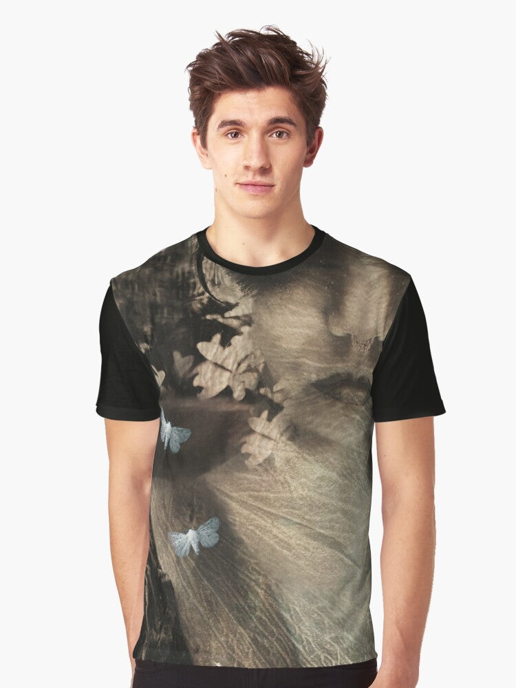 Surreal graphic t-shirt design featuring a queen of the night with moths, butterflies, and flowers in a dark, fantasy setting - Men