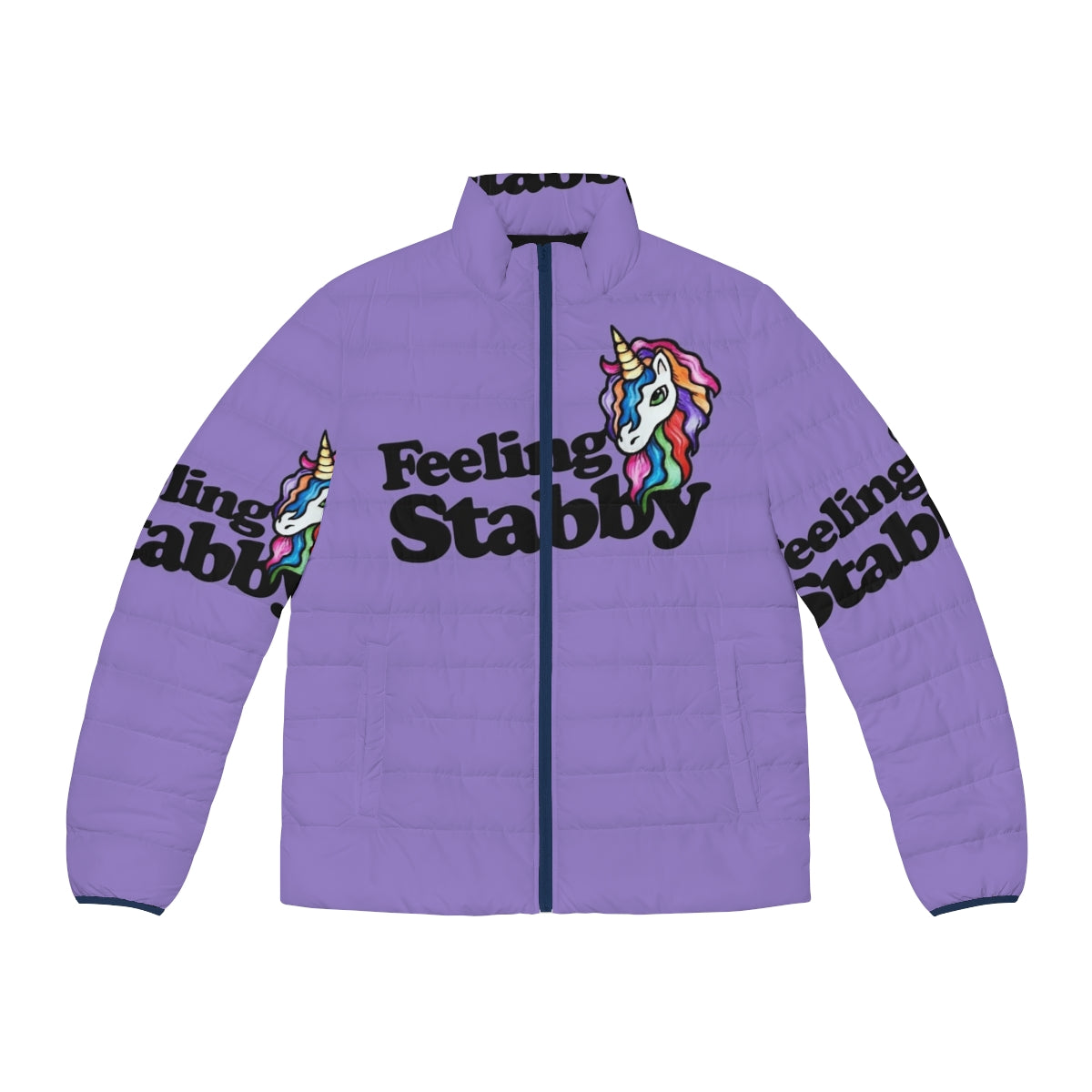 Stabby puffer jacket in a vibrant rainbow and unicorn design