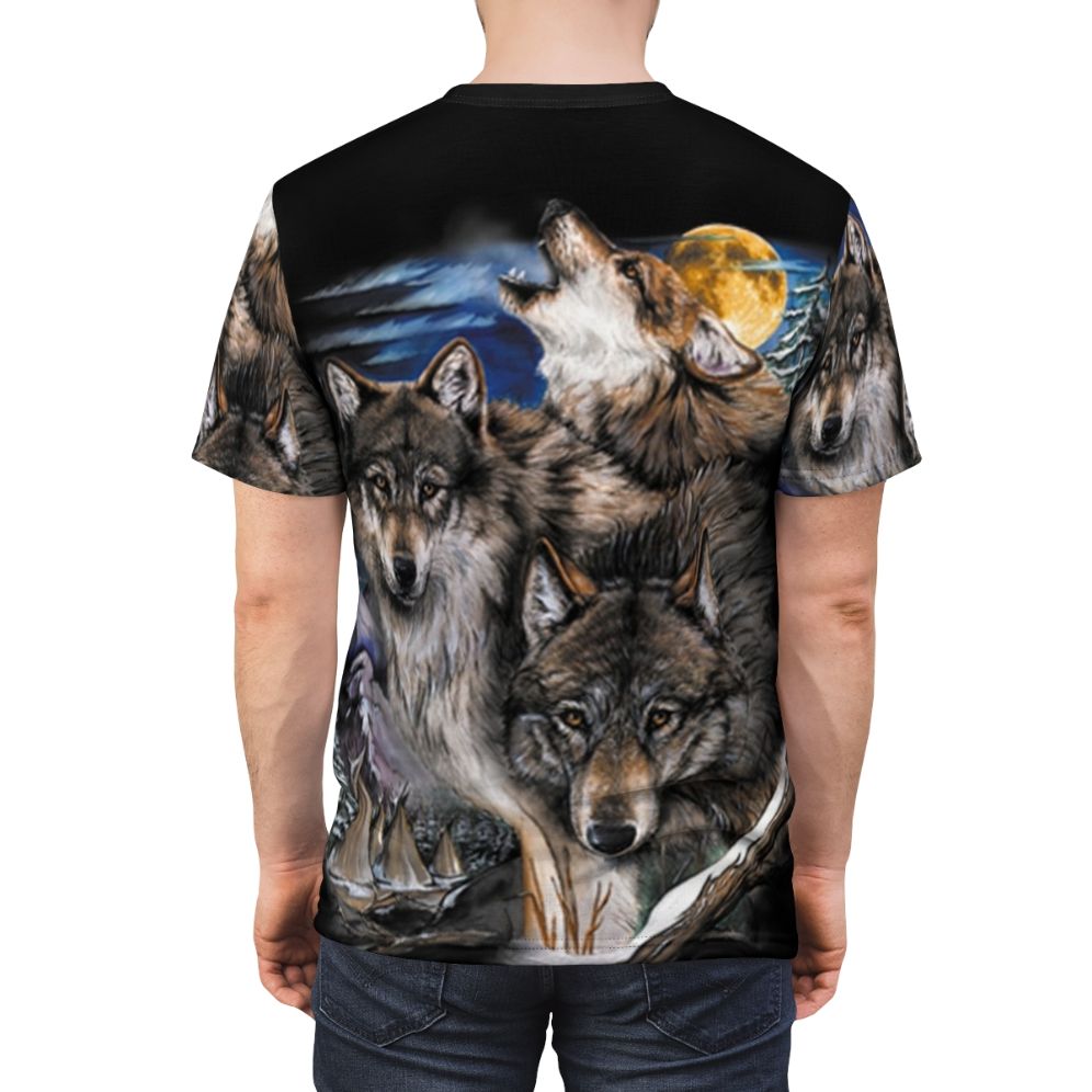 Graphic design of howling wolves under a full moon in a nature setting - men back