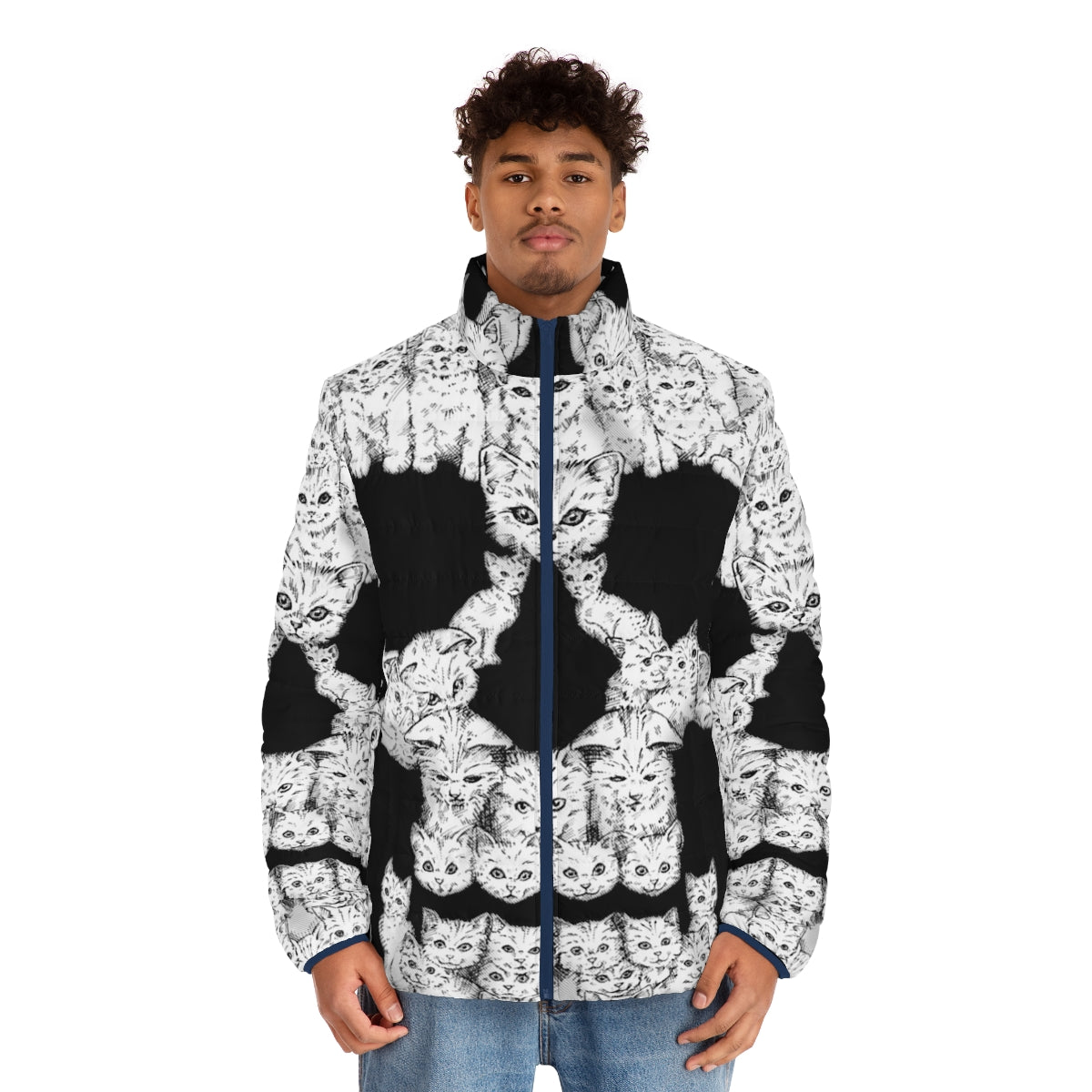 Puffer jacket with a bold graphic design featuring skulls, perfect for the brave cat enthusiast - men front