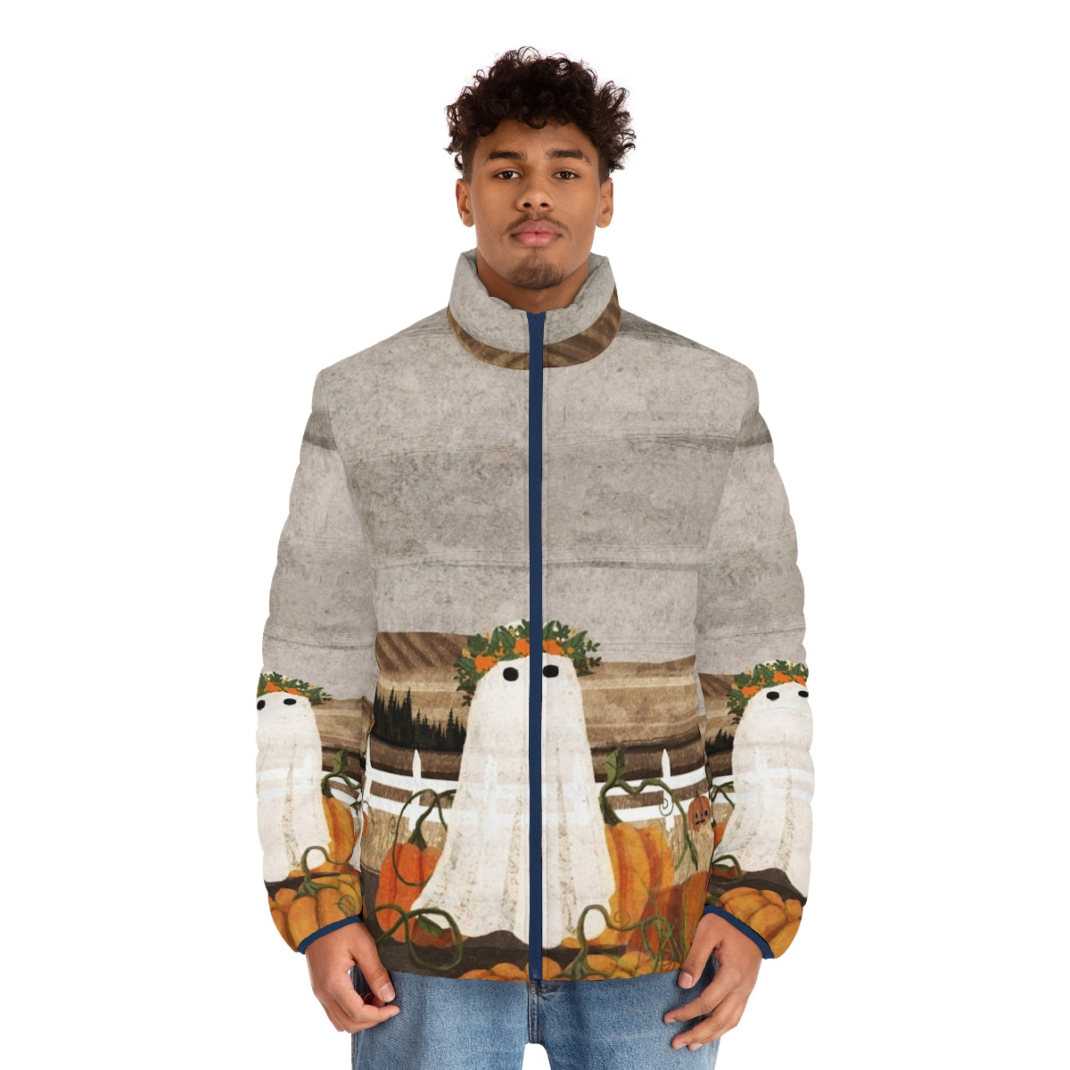 Puffer jacket with a vintage-inspired ghost and pumpkins in a haunted landscape - men front