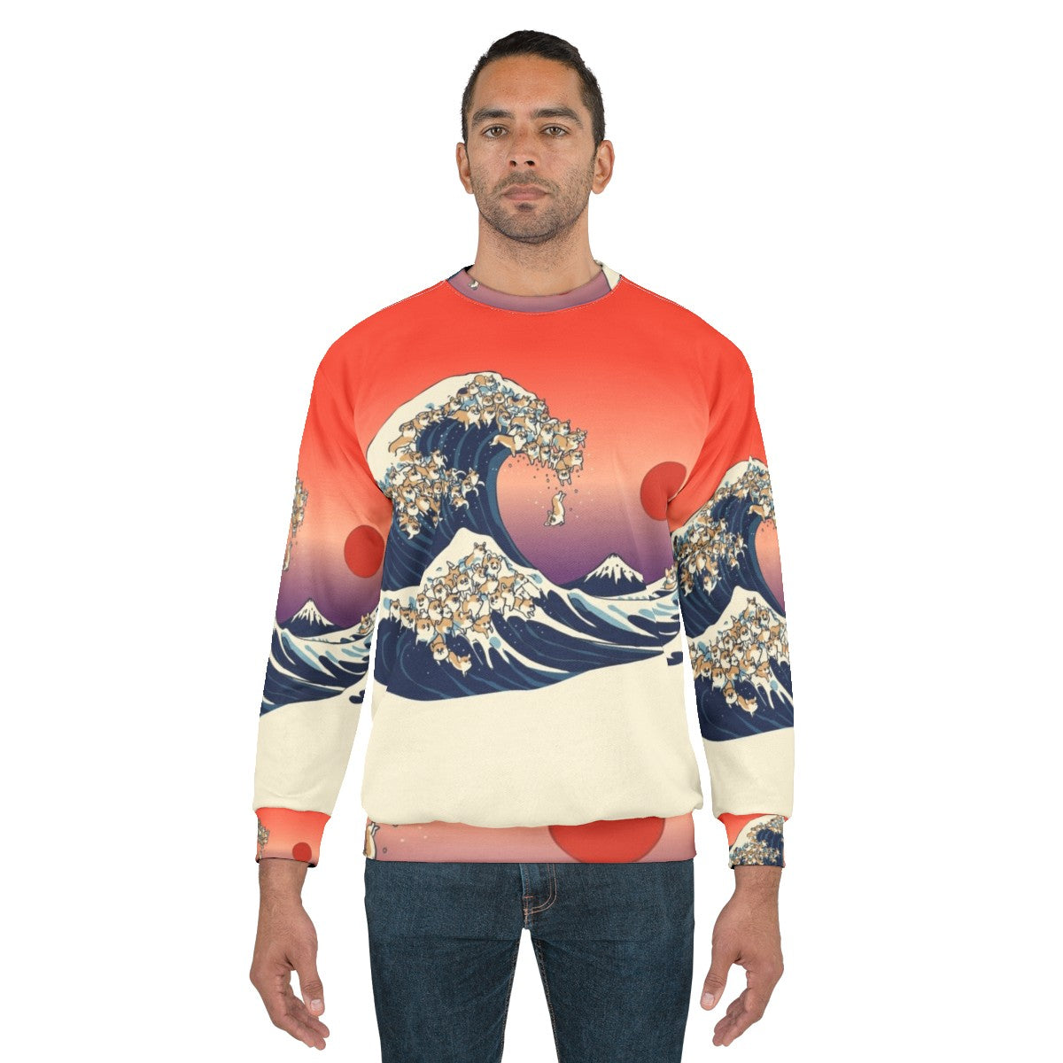 Corgis surfing in the Great Wave of Kanagawa inspired sweatshirt - men