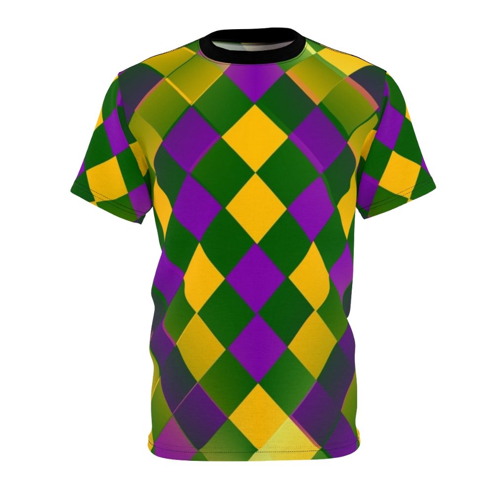 Harlequin-patterned Mardi Gras graphic t-shirt with diamonds, fleur-de-lis, and carnival colors