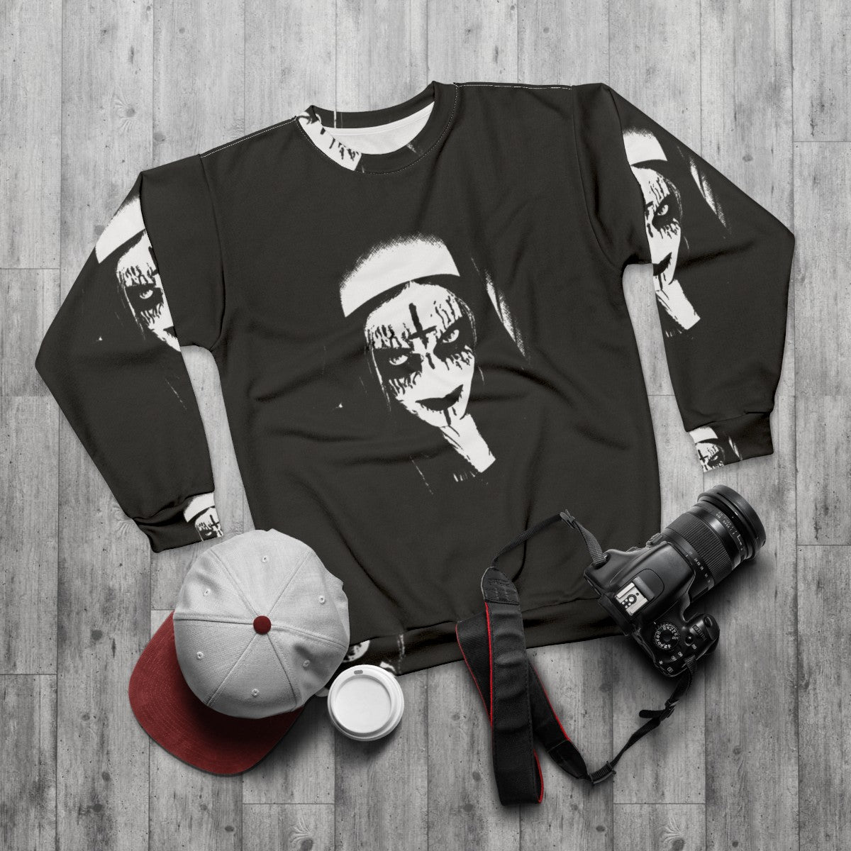 Satanic Sweatshirt with Corpse Paint and Nun Design - flat lay