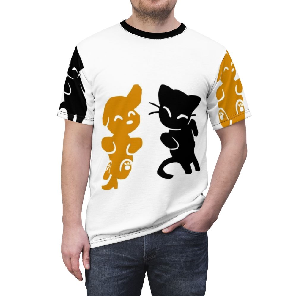 Colorful all-over print t-shirt featuring a cute cat and dog design - men front