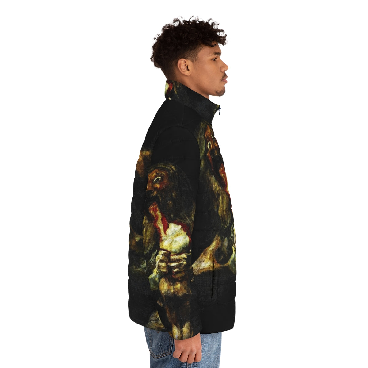 Puffer jacket featuring Francisco Goya's famous painting "Saturn Devouring His Son" - men side right