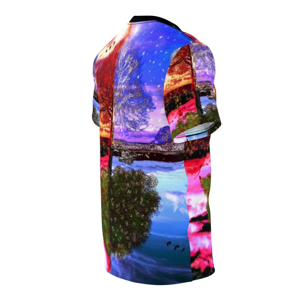 All-over-print t-shirt featuring a beautiful four seasons landscape design with a tree and natural reflection - men right