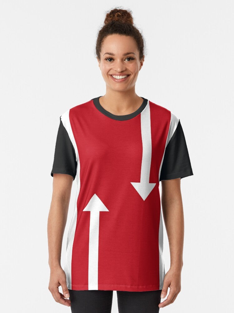 Stylish 60s mod-inspired t-shirt featuring Mondrian-style graphic arrows design in black and white. - Women