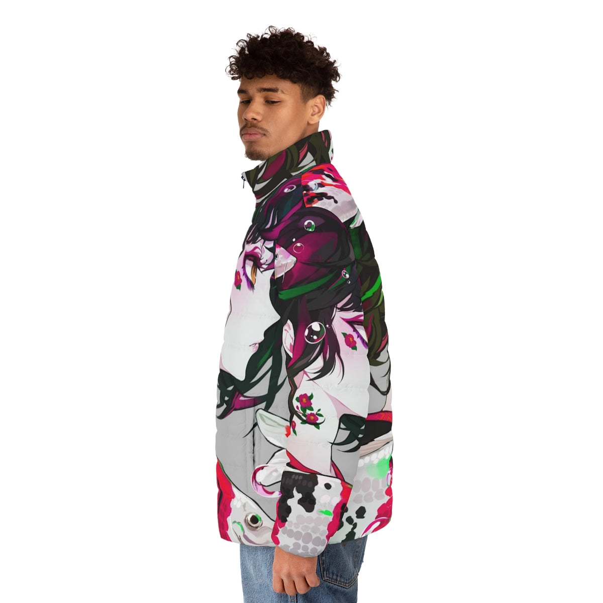 Vivid and colorful puffer jacket with a koi fish design, perfect for anime and Japanese fashion enthusiasts. - men side left