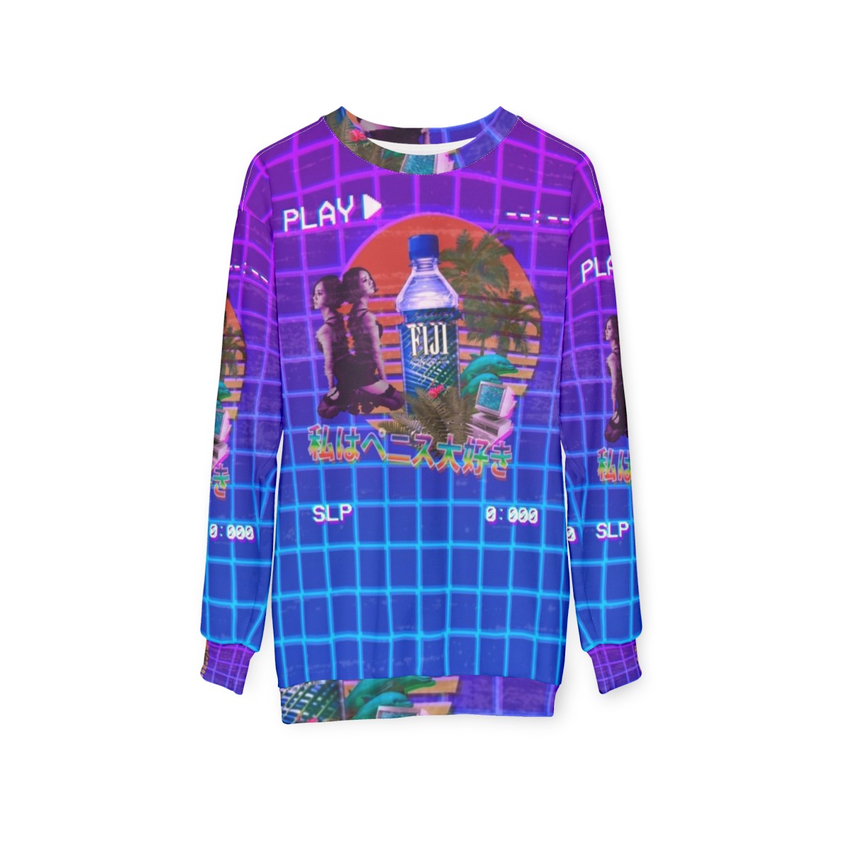 Vaporwave Fiji Bottle Sweatshirt featuring a 90s inspired, 3D cyberpunk aesthetic - hanging