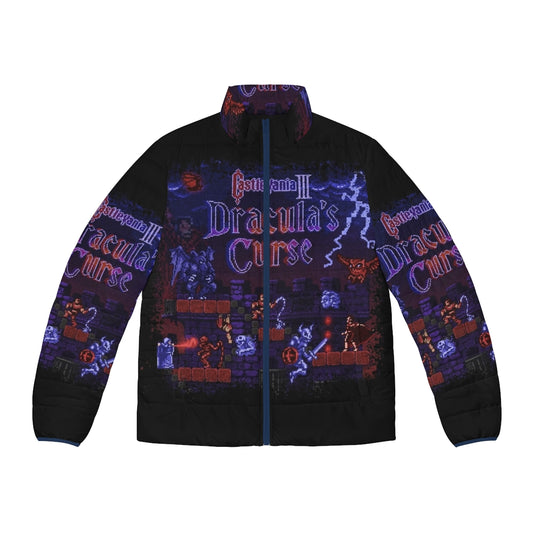 Castlevania Curse of Darkness 8-bit Puffer Jacket featuring Dracula's Castle and Retro Gaming Pixel Art