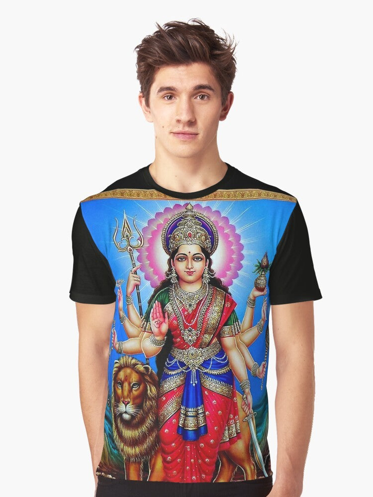 Vintage graphic t-shirt featuring a Hindu god illustration in a retro poster style design. - Men