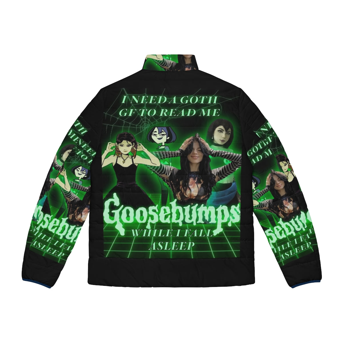 Goth-inspired puffer jacket with Goosebumps-themed design - Back