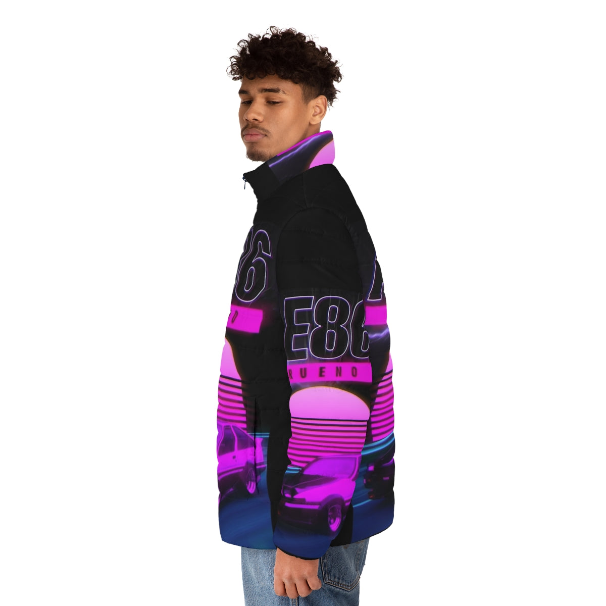 Ae86 retro synthwave puffer jacket with Initial D inspired graphics - men side left