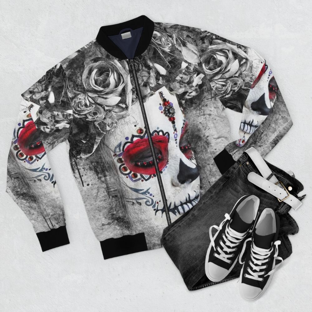 Catrina Boho Queen Skull Tattoo Bomber Jacket featuring a sugar skull and watercolor design - Flat lay