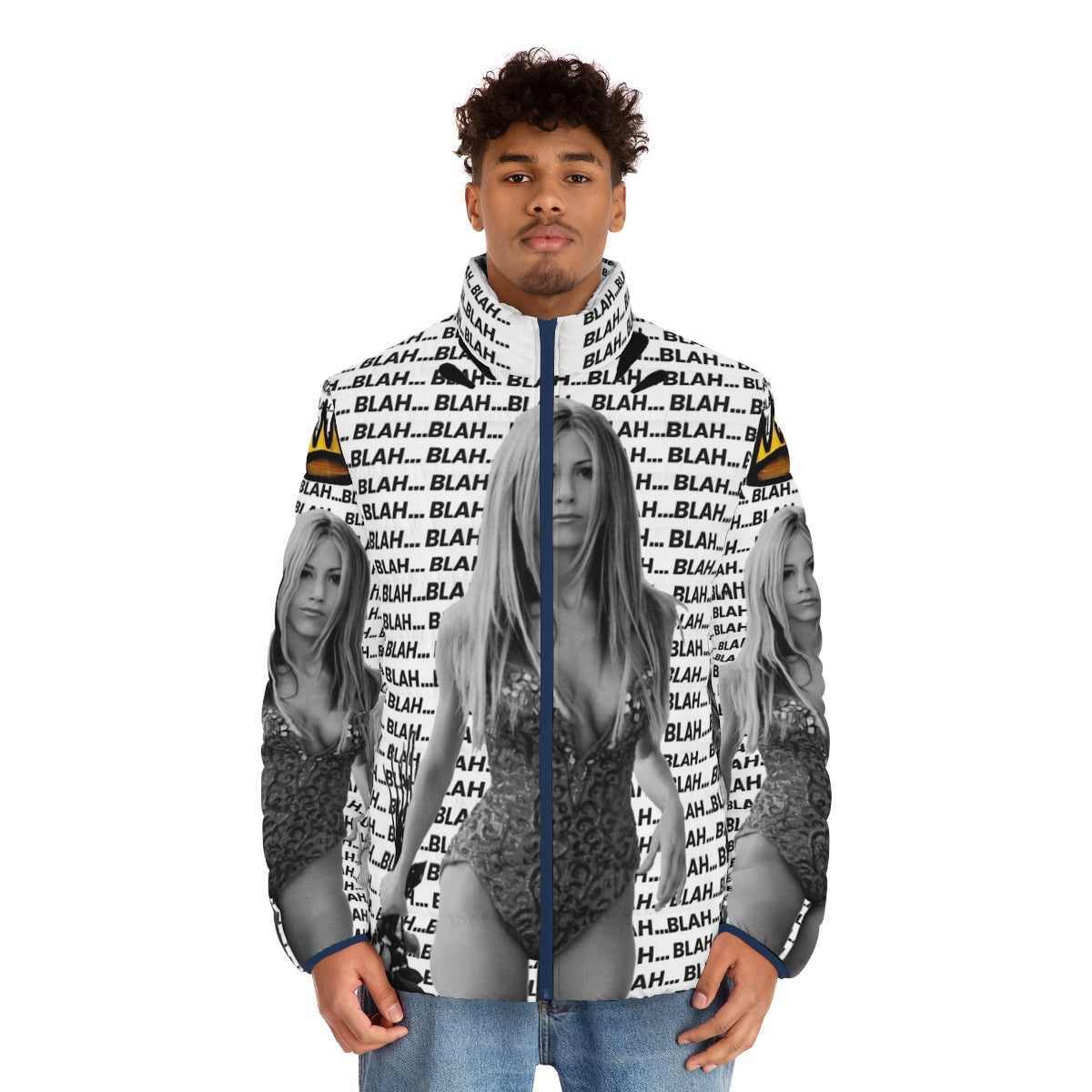 Jennifer Aniston inspired pop art puffer jacket with news print design - men front