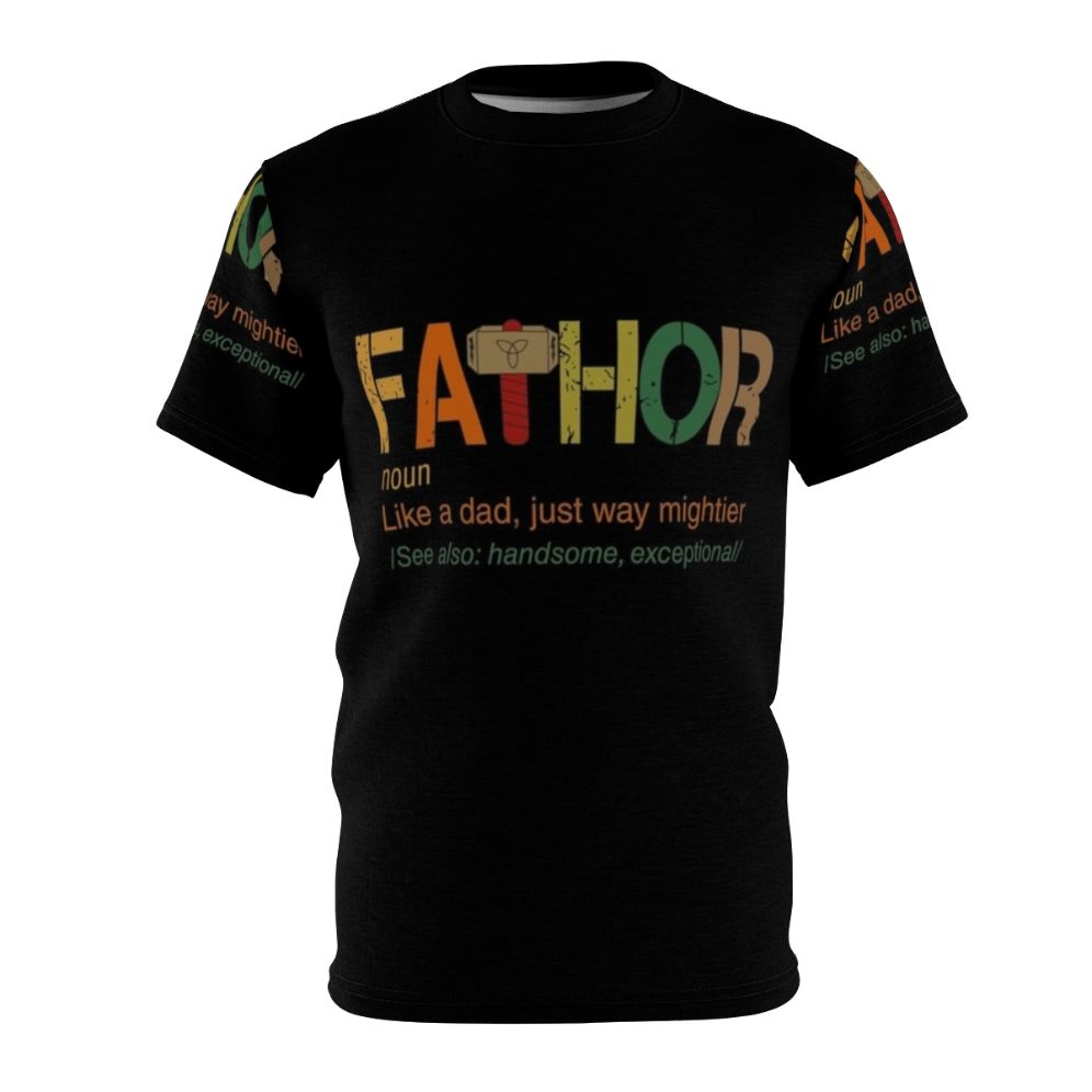 Superhero dad t-shirt with "Fa Thor Like a Dad, Just Way Mightier" design