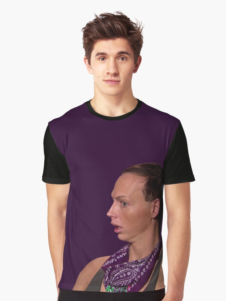 A graphic t-shirt featuring the text "BACK ROLLS?!" in a vaporwave-inspired design, with imagery representing the sad boys, cyberpunk, and drag queen aesthetics. - Men