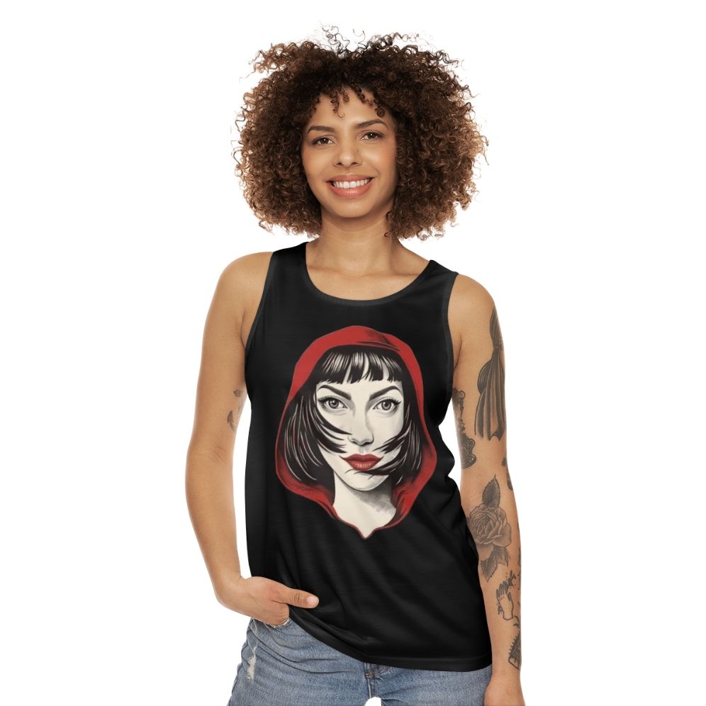 Tokyo Red Hood Unisex Tank Top featuring Money Heist character design - women