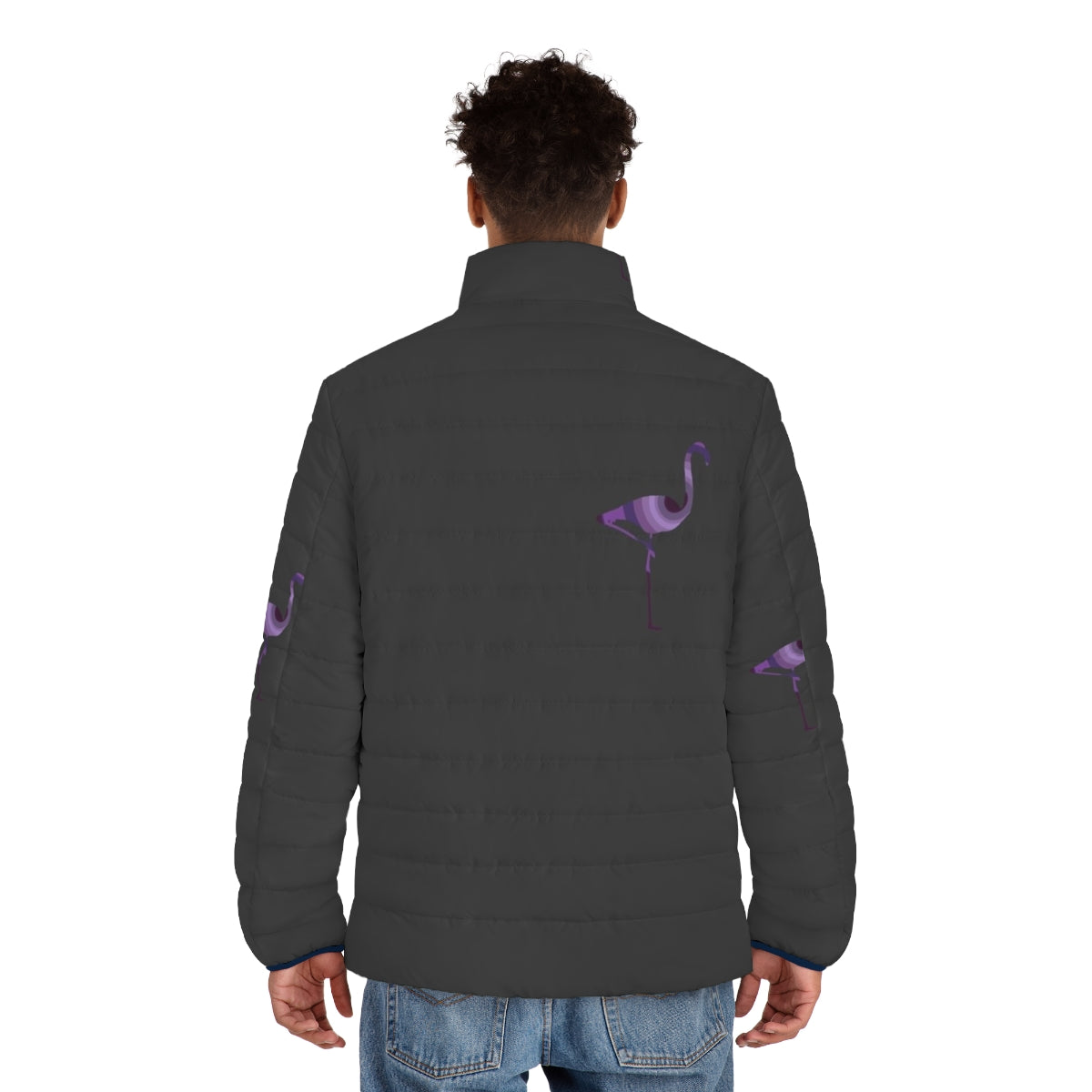 Flamingo puffer jacket with abstract animal artwork - men back