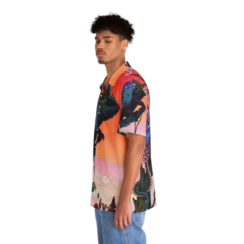 Phantasmagoria Hawaiian Shirt with surreal, psychedelic nature-inspired design featuring chameleon, flowers, and sunset colors. - People Left