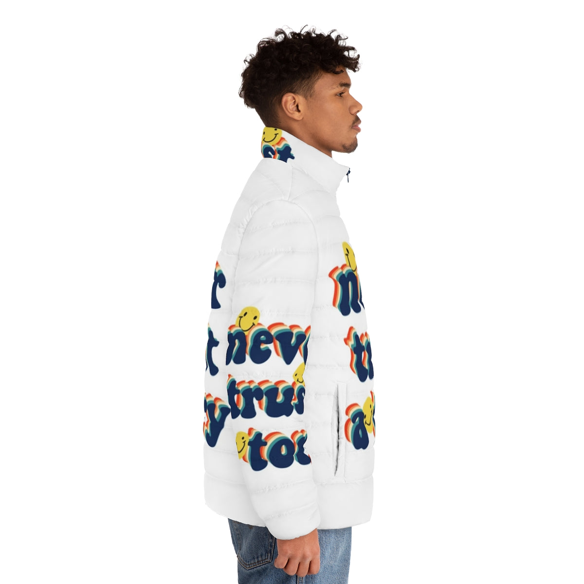 "Anti-Tory Puffer Jacket with 'Never Trust a Tory' slogan" - men side right