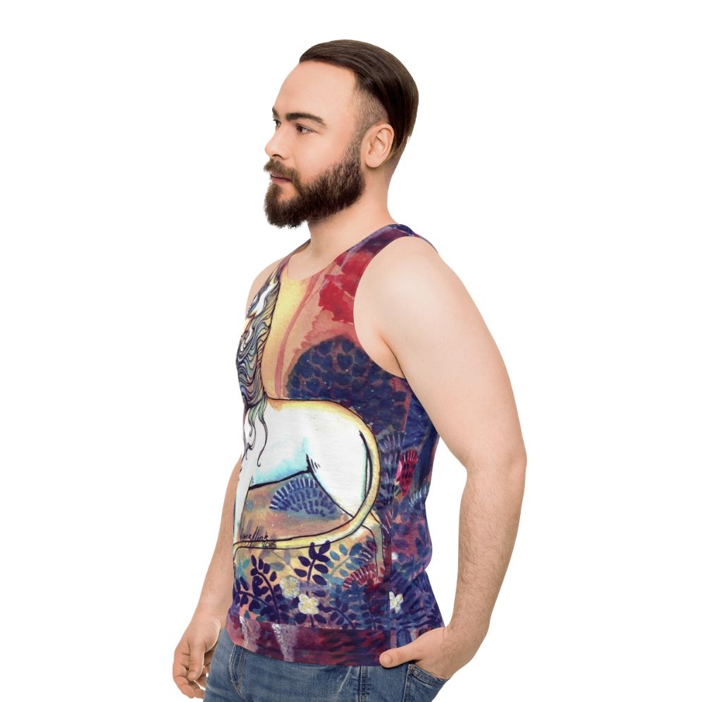 Watercolor unicorn design on a unisex tank top - men side