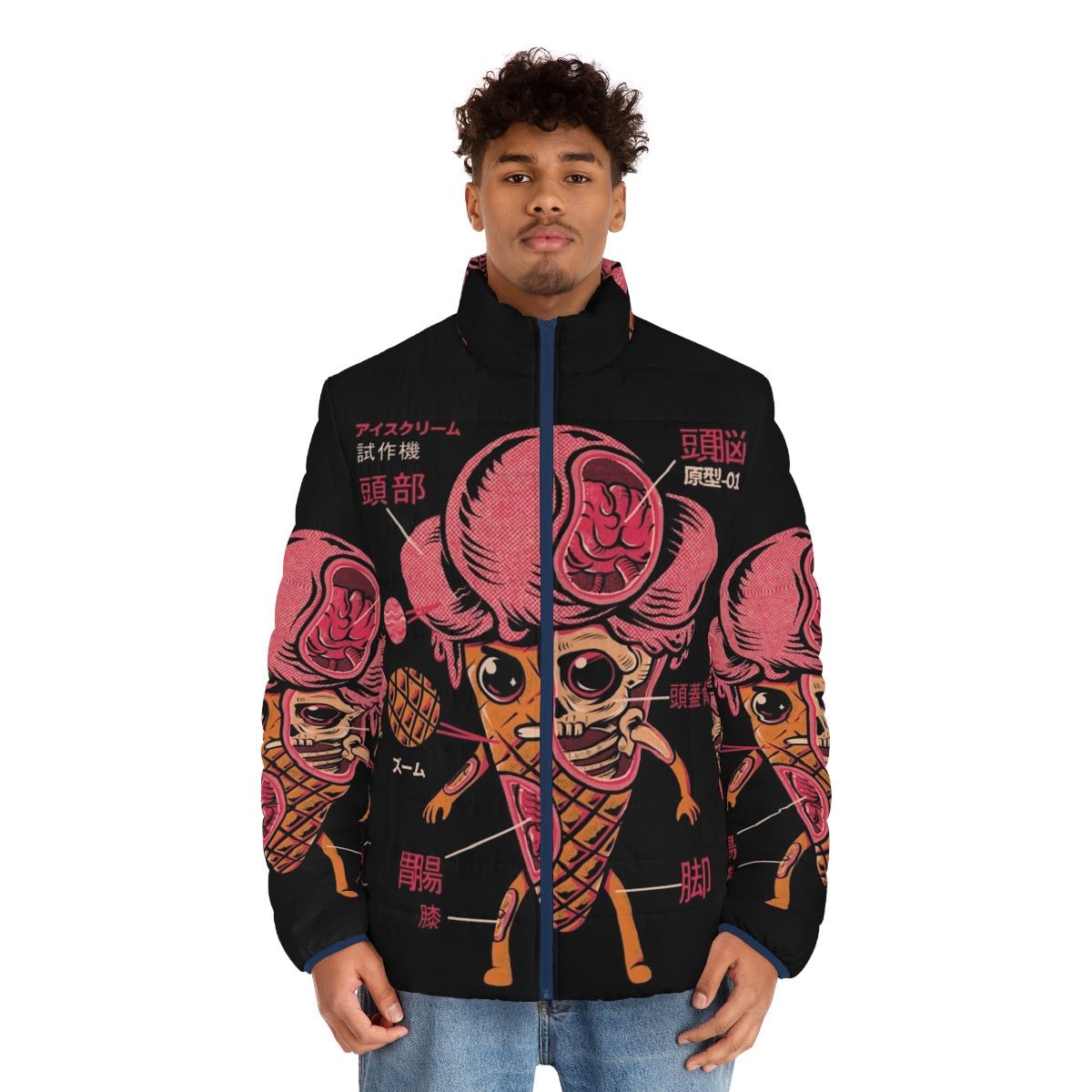 Colorful ice cream kaiju puffer jacket with a vintage and whimsical design - men front