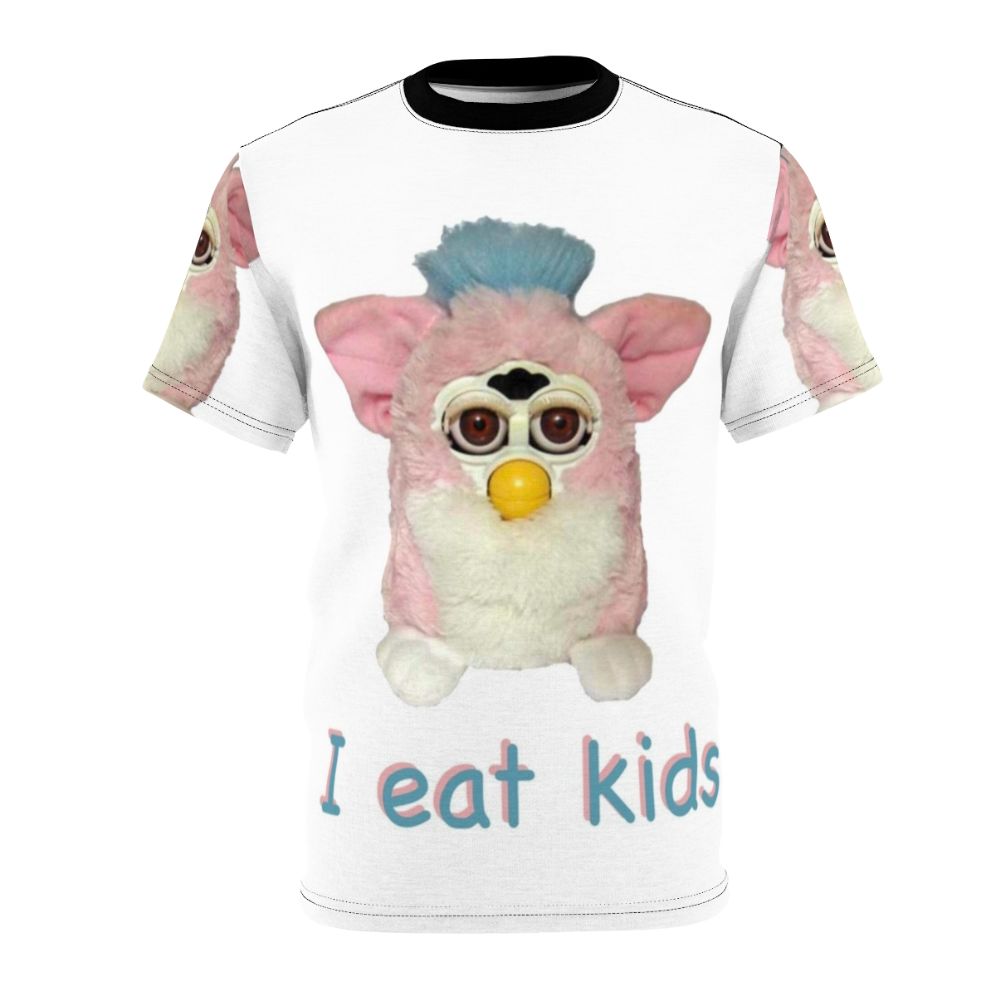 Graphical t-shirt design featuring a cursed Furby character with the text "I Eat Kids"