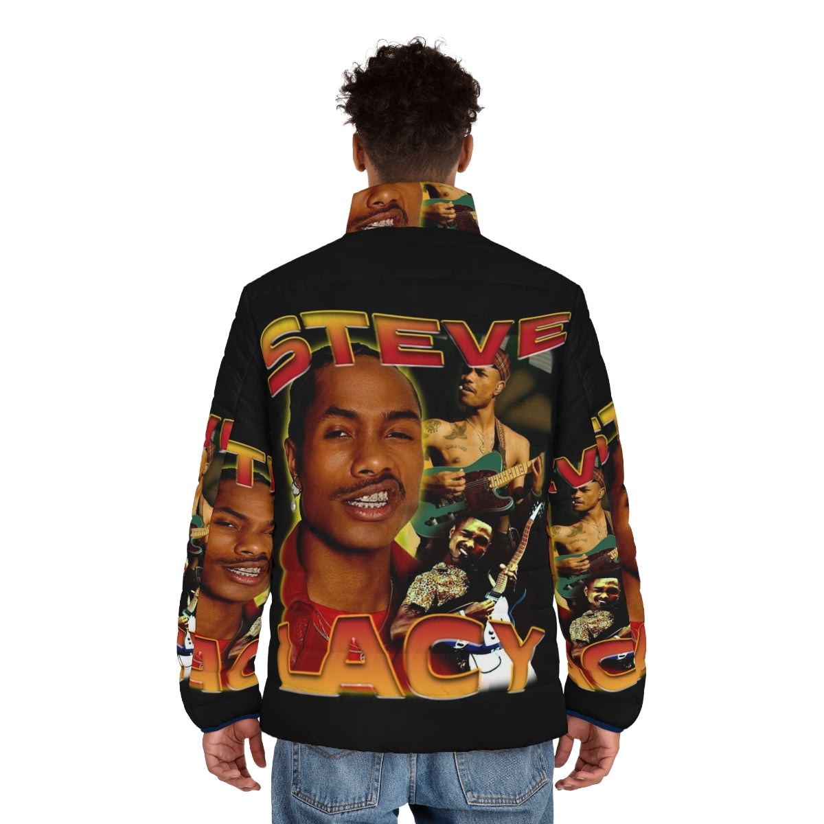 Steve Lacy inspired bootleg puffer jacket with vintage hip hop and R&B style - men back