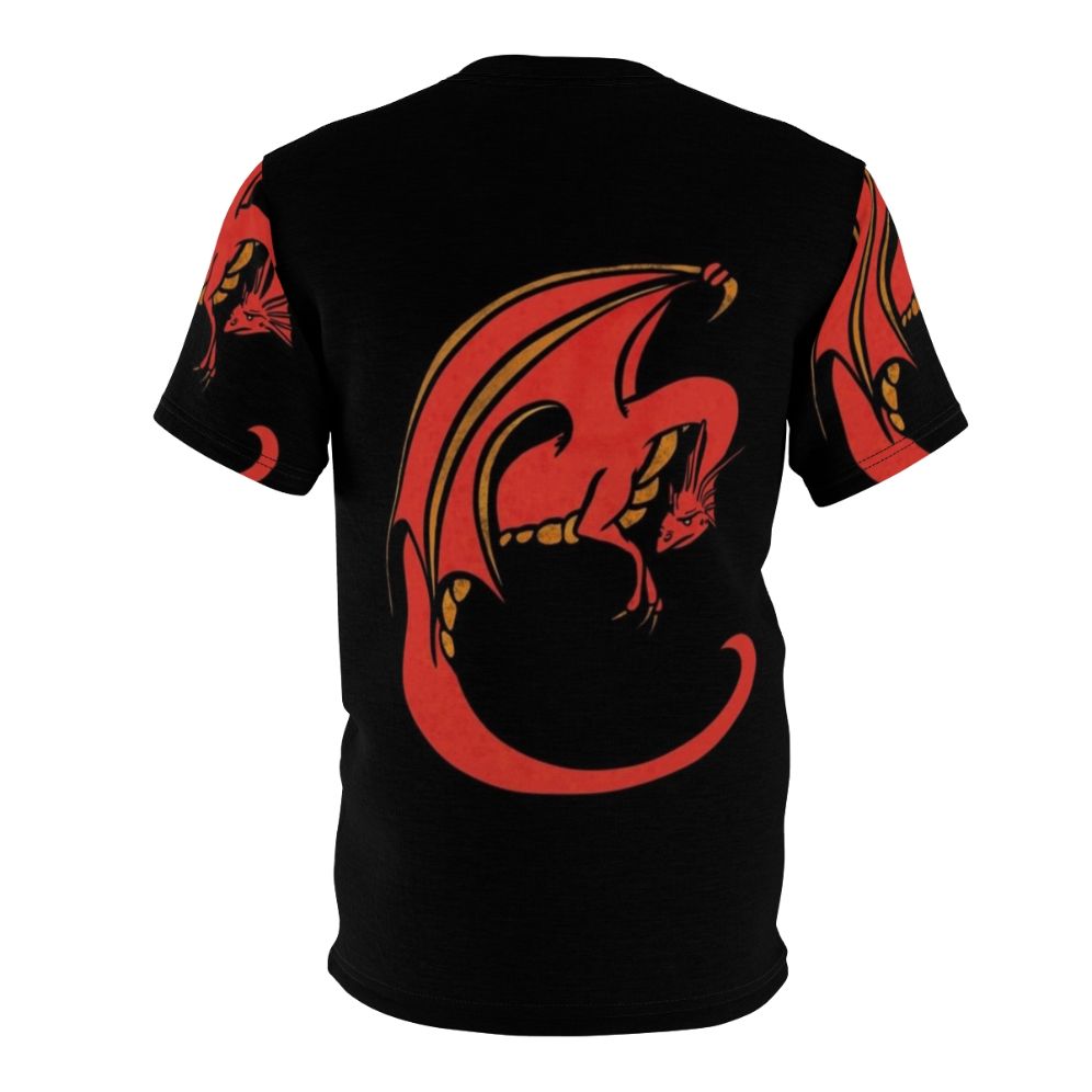 Vibrant red dragon illustration on a high-quality t-shirt for lovers of mythical creatures and fantasy art. - Back