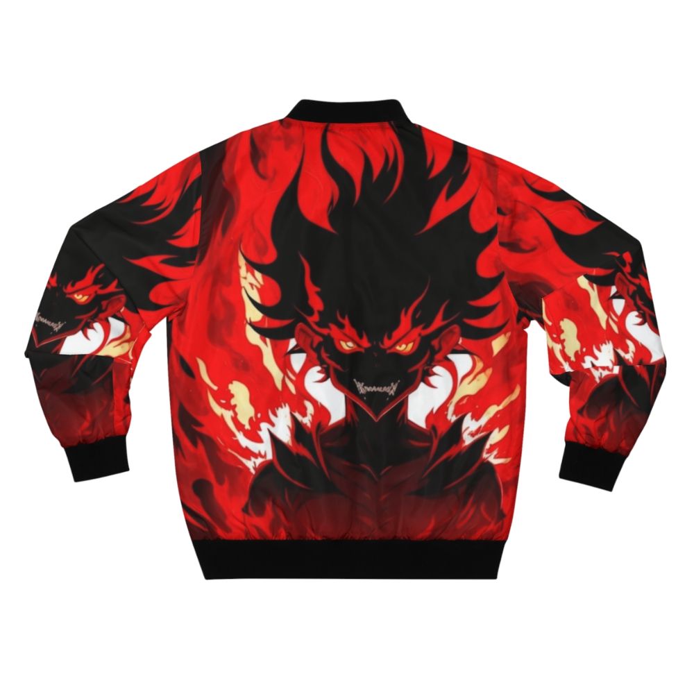 A bomber jacket featuring a fiery demon character from an anime-inspired design with Brazilian phonk music influences. - Back