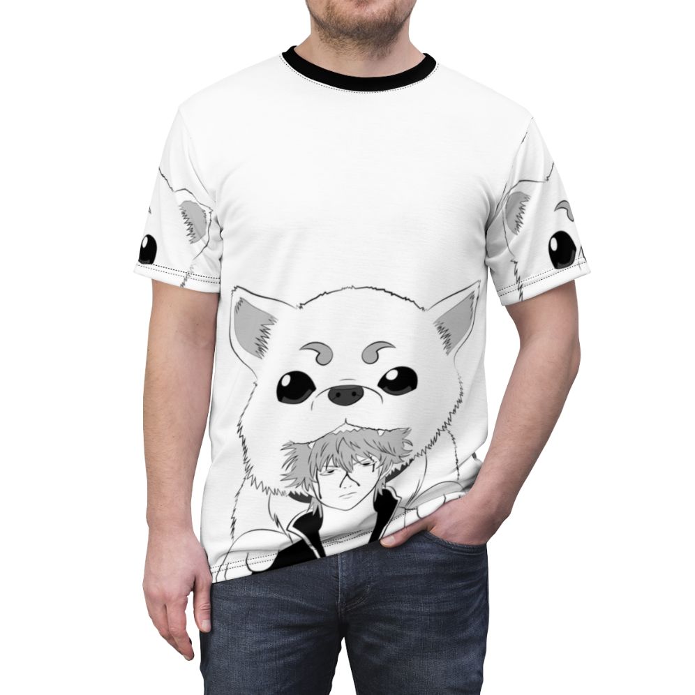 Illustration of a dog-like creature, the "Dog God" from the anime Gintama, printed on a t-shirt. - men front