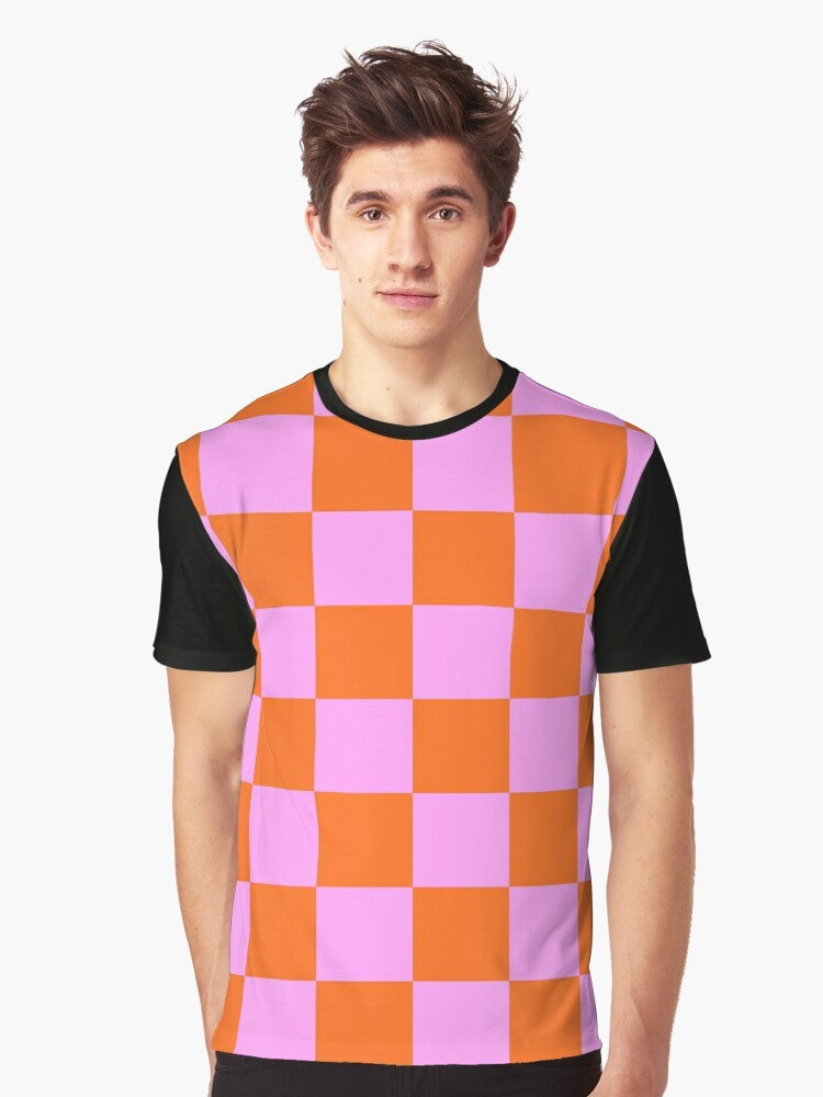 Retro checkerboard pattern t-shirt in bright orange, red, and pink colors - Men