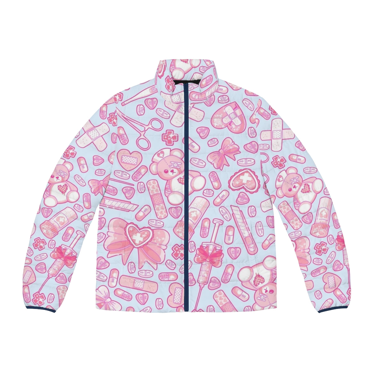 Sickly sweet puffer jacket in pastel goth, yume kawaii style with medical and horror elements