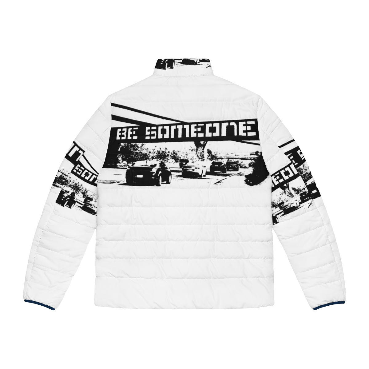 Puffer jacket with "Be Someone" graffiti-inspired design in black and white - Back