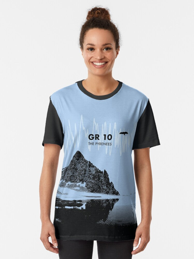 Blue graphic t-shirt with pilgrimage hiking GR 10 elevation art design - Women