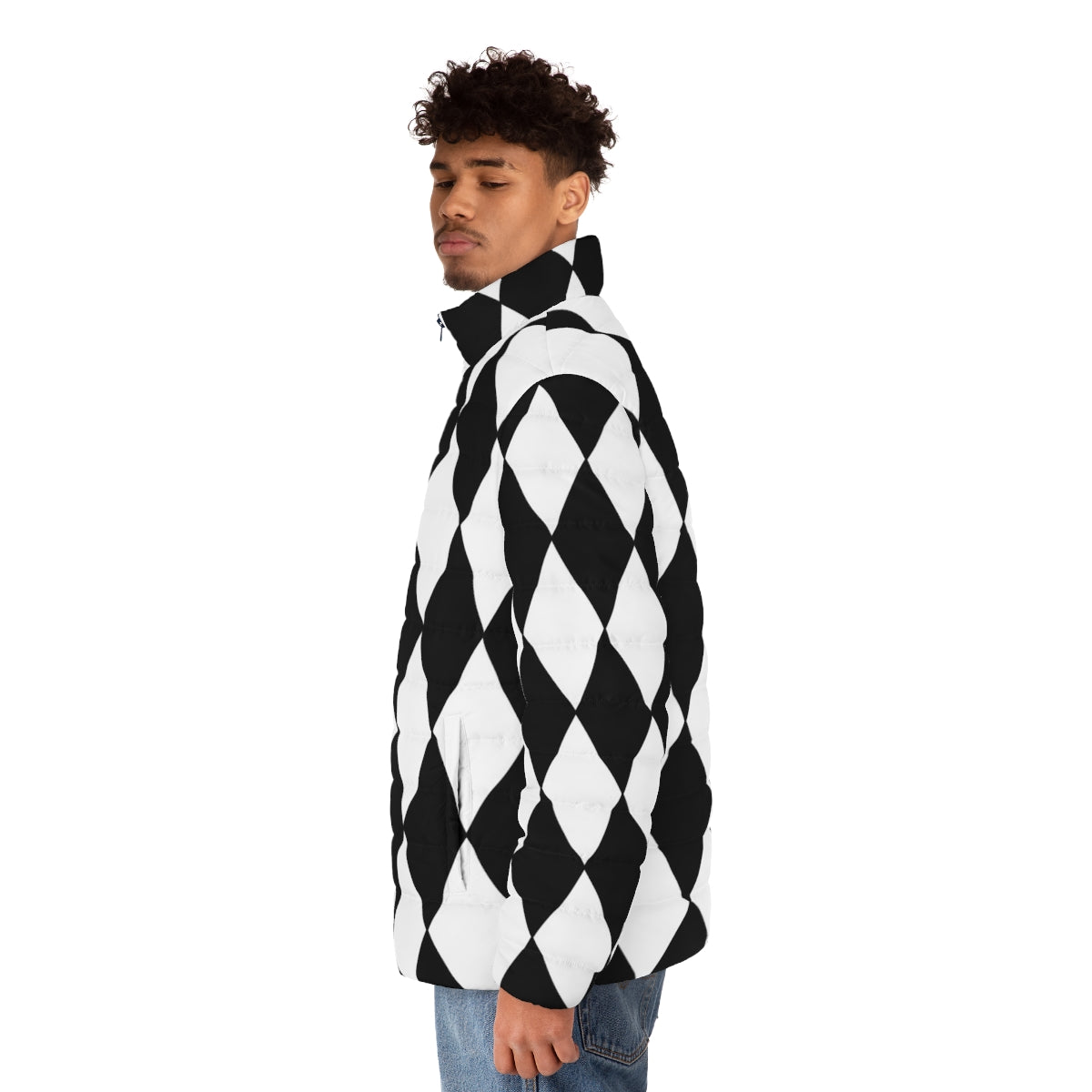 Black and white harlequin puffer jacket with diamond pattern design - men side left