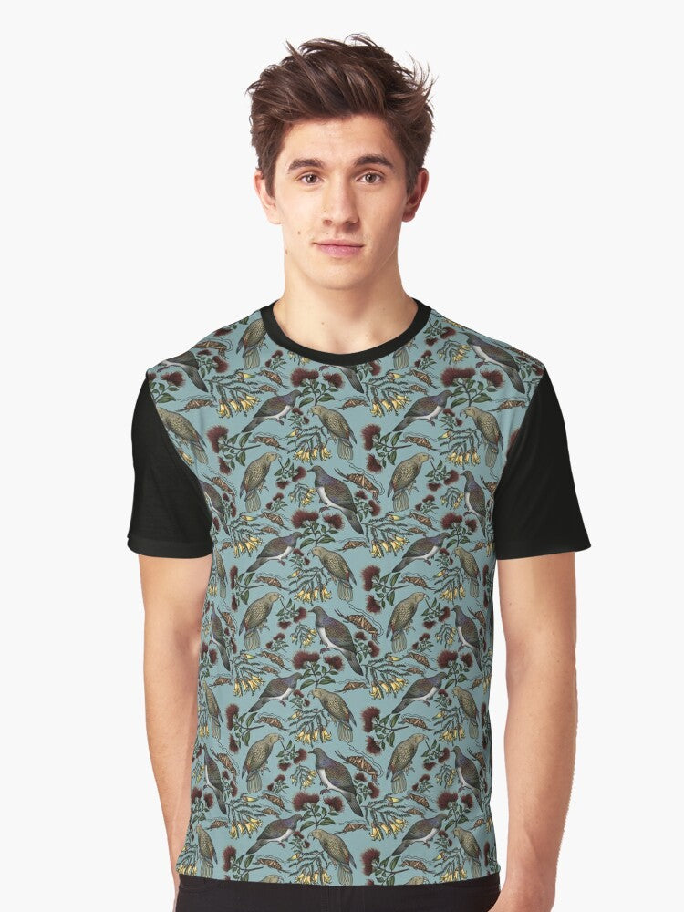 Kiwiana - Into the Forest (Moss) Graphic T-Shirt featuring New Zealand native birds and flora - Men