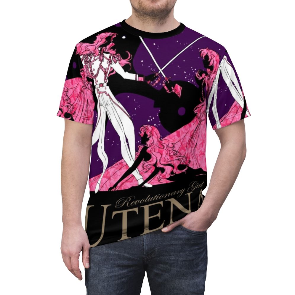 Anime-inspired t-shirt with Revolutionary Girl Utena imagery, including Utena's sword and the iconic pink color scheme. - men front