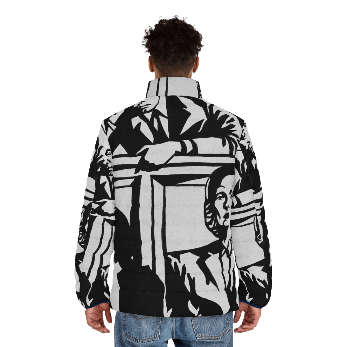 Witness for the Prosecution Puffer Jacket featuring Alejandro Mogollo's cinematic art - men back