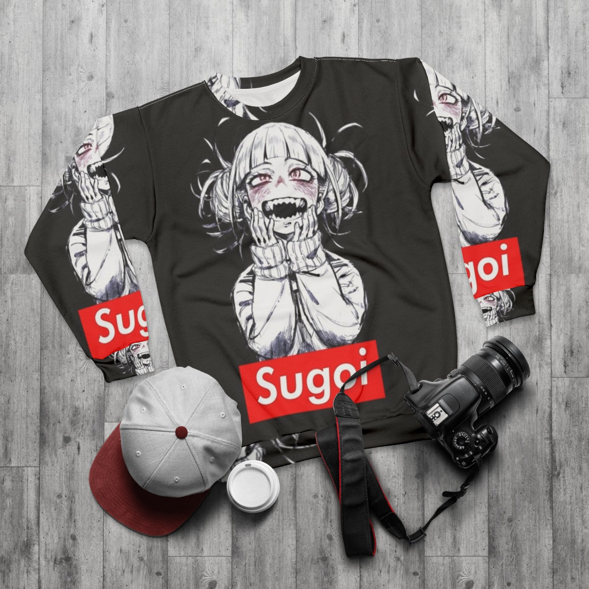 Anime Sugoi Sweatshirt with Hentai Meme Graphic - flat lay