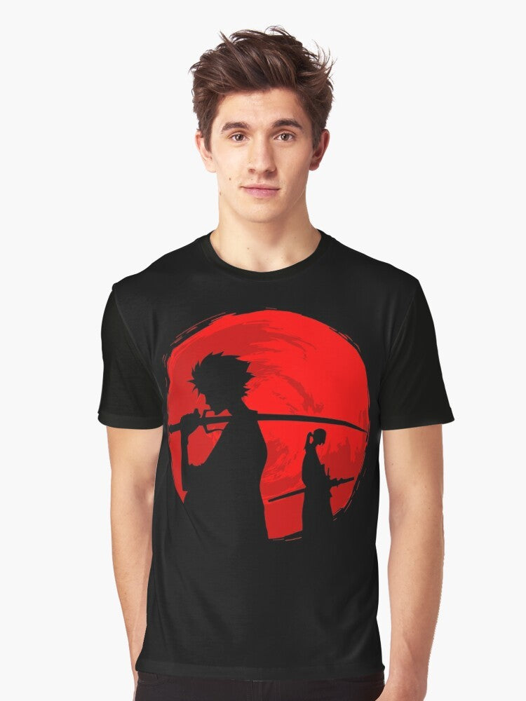 Samurai silhouette against a vibrant sunset sky on a graphic t-shirt - Men