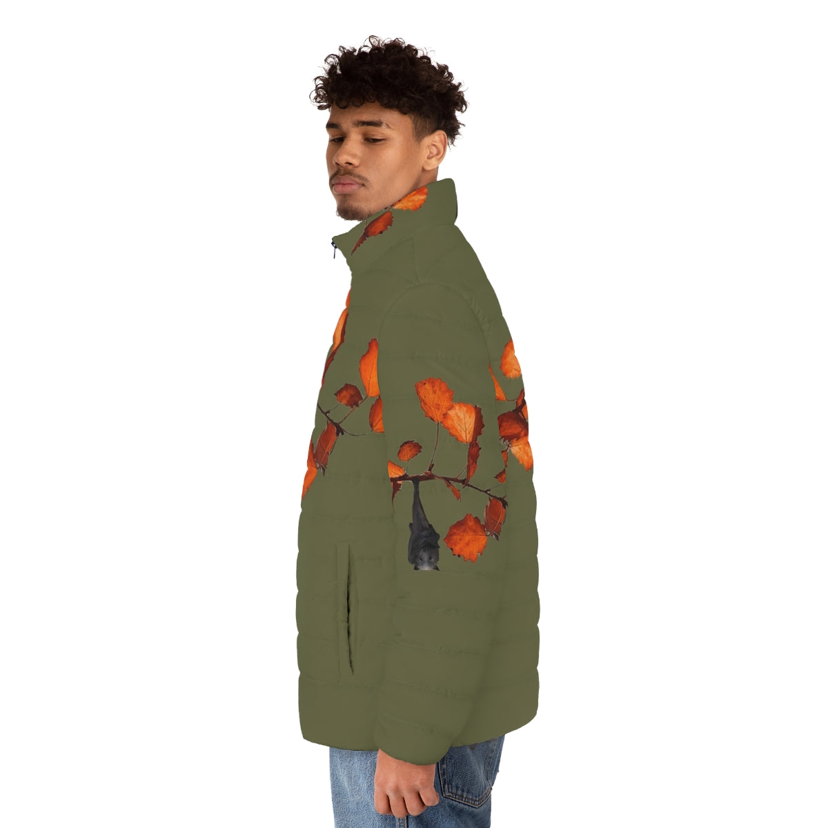 Moss green puffer jacket with a cute hanging bat design - men side left