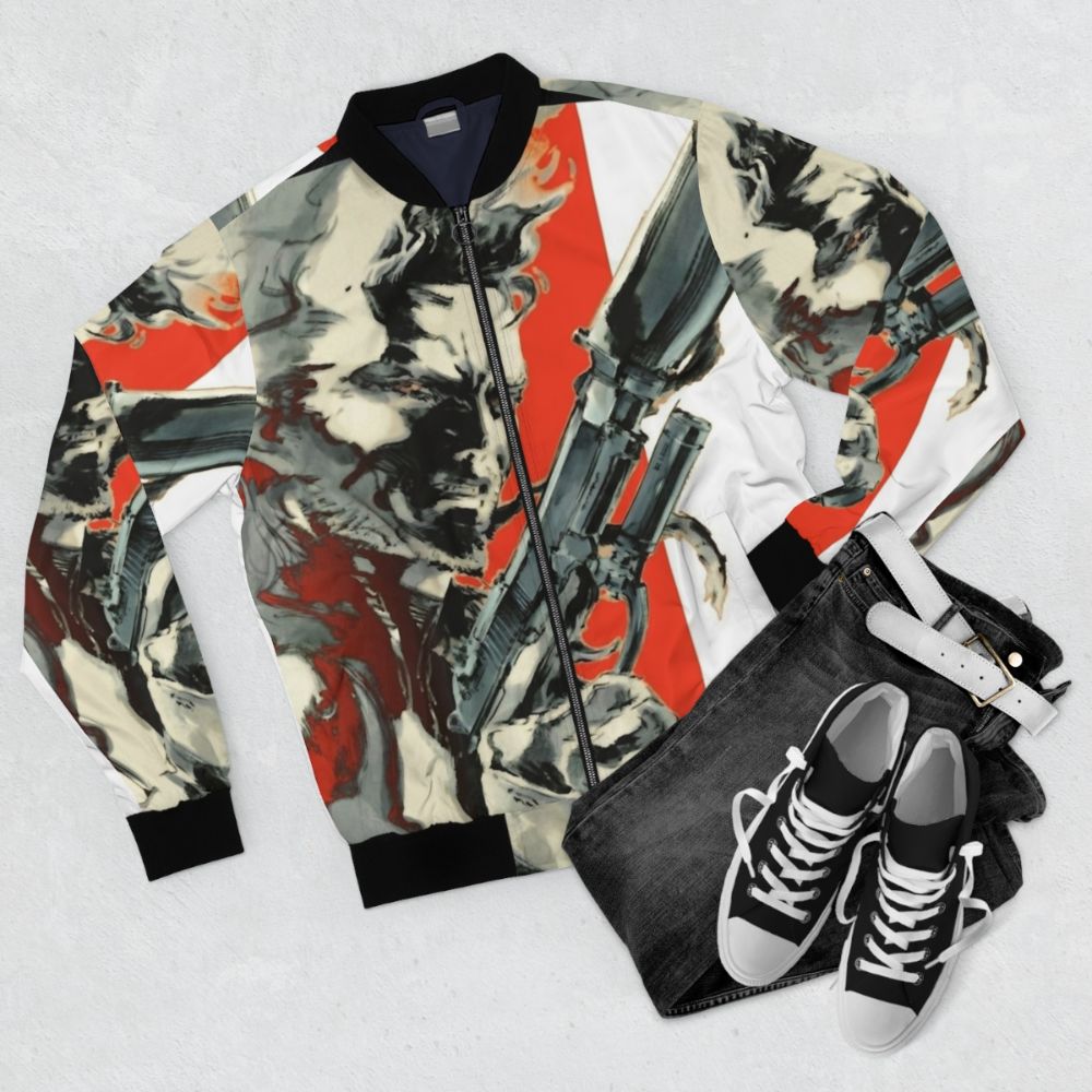 Retro bomber jacket with Metal Gear Solid Solid Snake design - Flat lay