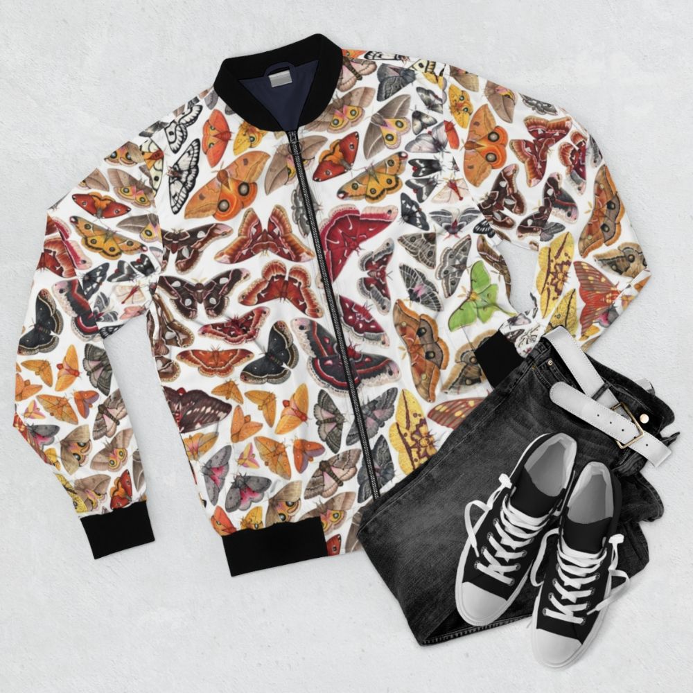 Bomber jacket featuring a pattern of saturniid moths native to North America - Flat lay