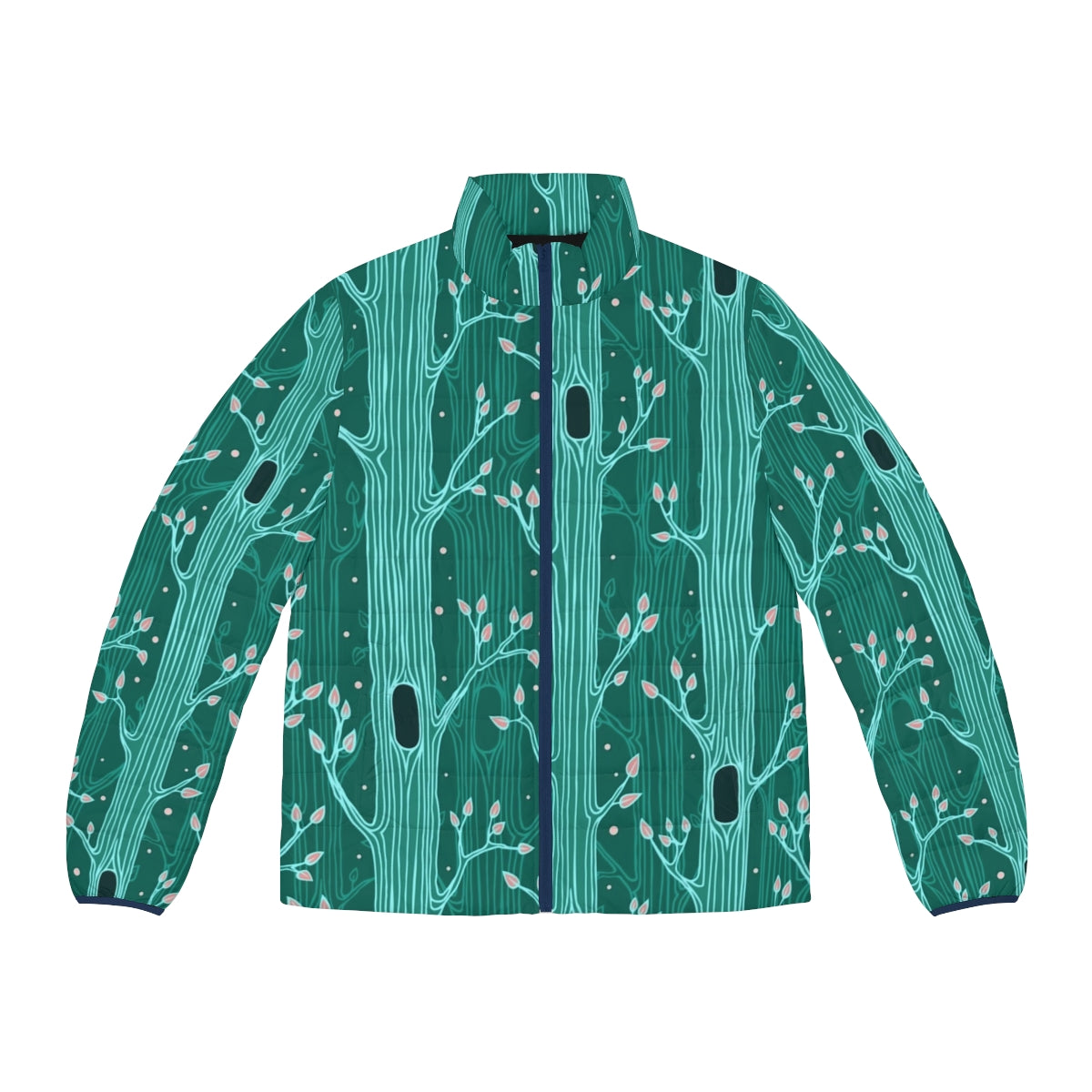 Emerald forest seamless tree pattern puffer jacket